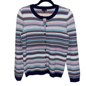 Talbots Sweater Womens Small Lambswool Blend Fair Isle Nordic Navy Blue Cardigan